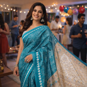 teal blue silk blend bandhani printed saree