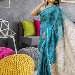 teal blue silk blend bandhani printed saree