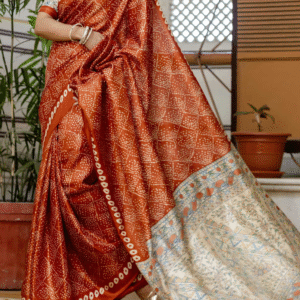 dark orange silk blend bandhani printed saree