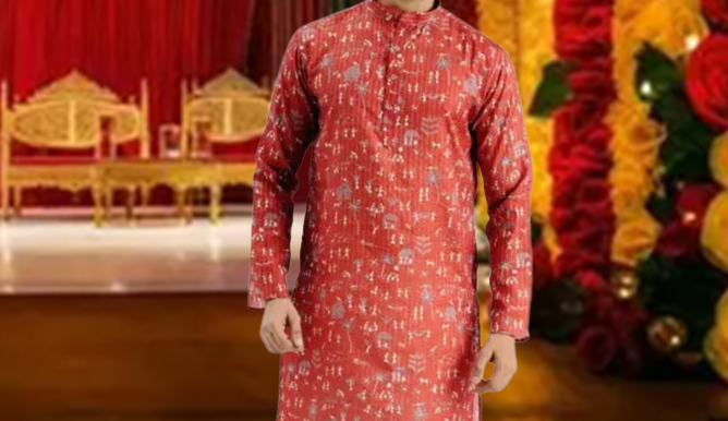 cotton blend men's kurta with tribal motif cotton blend men's kurta with tribal motif