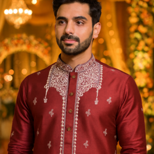 dupion silk embroidered kurta for men