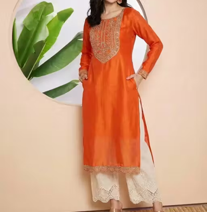 women's silk blend straight kurti with embroidery work women's silk blend straight kurti with embroidery work