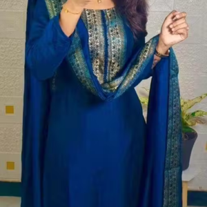 women's silk blend embroidered straight kurti with dupatta